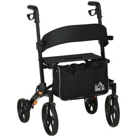 HOMCOM Senior Rollator Walker, Aluminum, Black, with Seat, Backrest, Adjustable Handle Height, and Storage Bag
